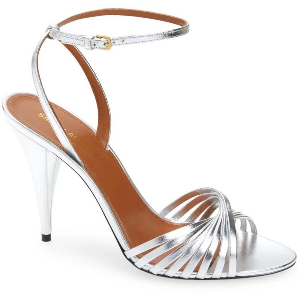 NIB Saint Laurent Tina Strappy Metallic Leather Sandal 37